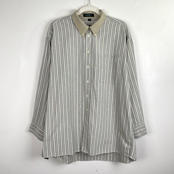 Vintage 90s Mens Striped Button Up Shirt 17 Green Tan Contrast Collar Retro Prep - Picture 1 of 16